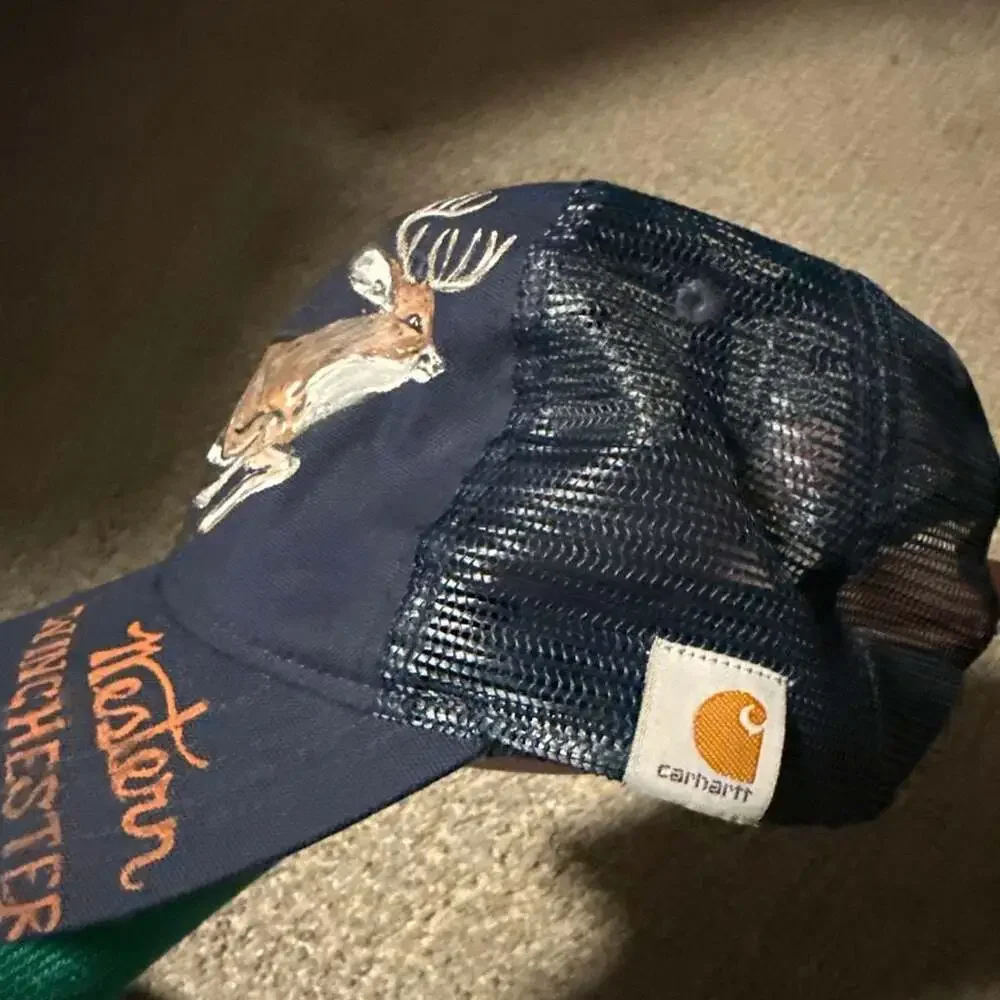 Carhartt Trucker Hat with Custom Hand-Painted Buck Deer and Winchester Text